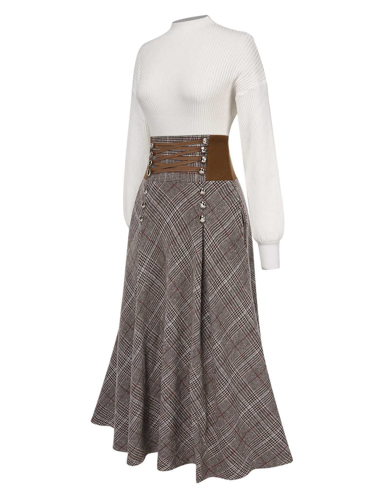 2PCS 1970s White Sweater & Brown Plaid Skirt