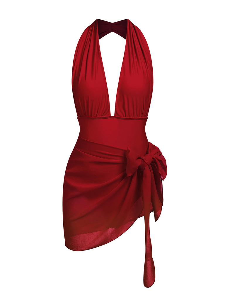 Red 1930s Retro Halter Solid One-piece Swimsuit