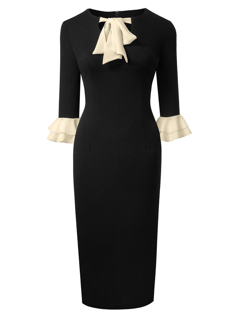 Black 1960s Colorblock Tie Neck Pencil Dress