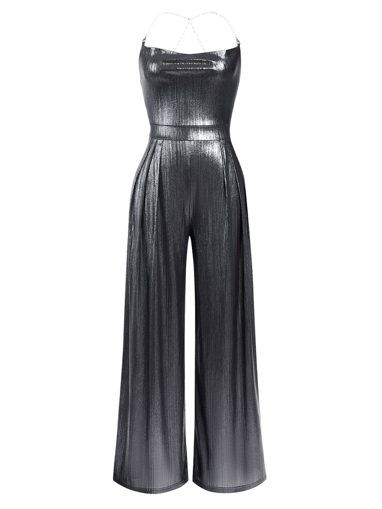 Metallic Gold 1980s Cowl Neck Spaghetti Strap Jumpsuit