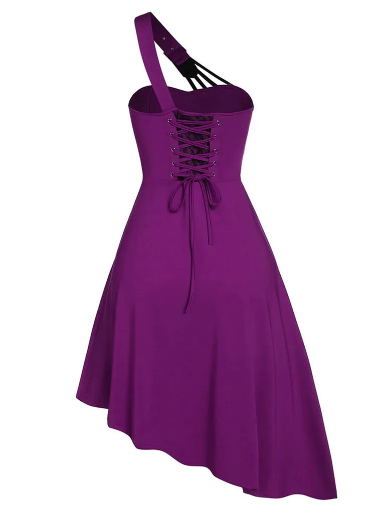 Purple 1970s One Shoulder Irregular Lace-Up Dress