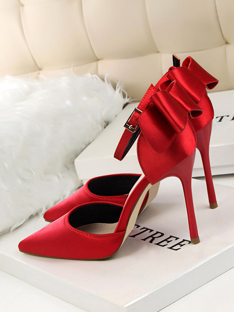 Pointed Toe Bow Strap Satin High Heels Shoes