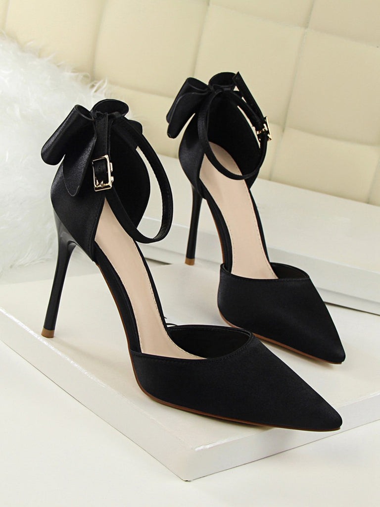 Pointed Toe Bow Strap Satin High Heels Shoes Retro Stage