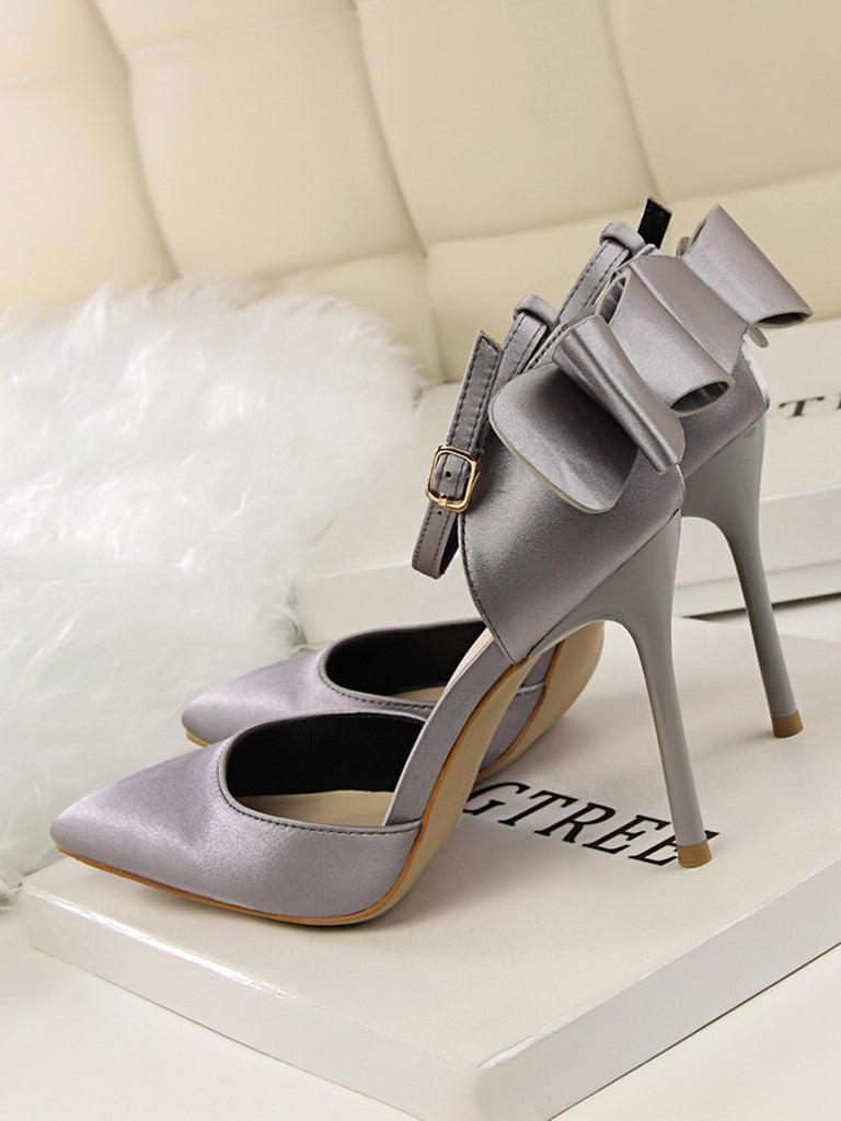 Pointed Toe Bow Strap Satin High Heels Shoes