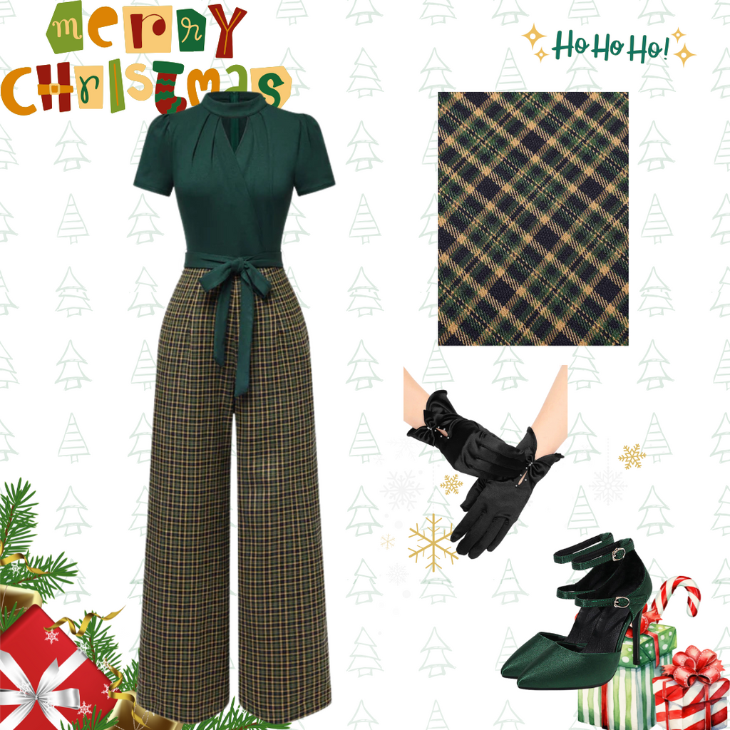 Green 1930s Plaid Keyhole Neck Belted Jumpsuit