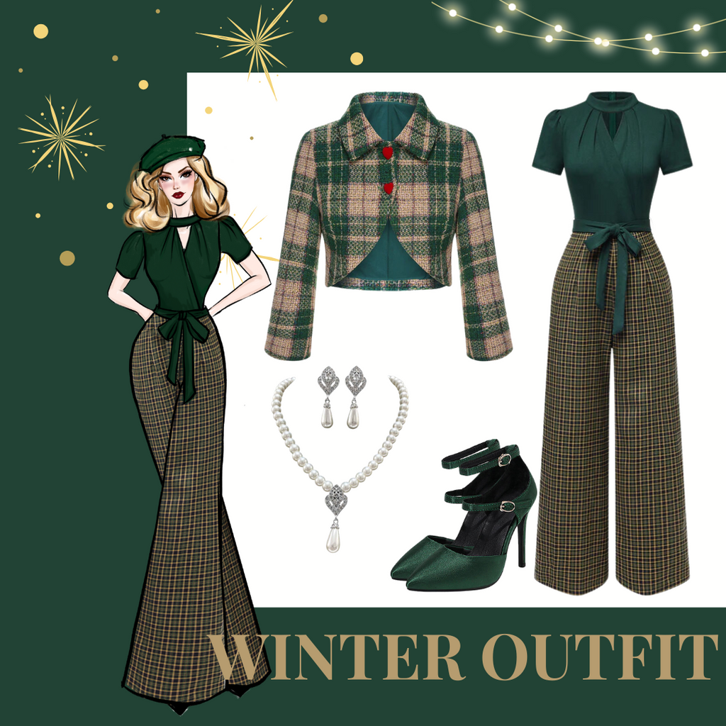 Green 1930s Plaid Keyhole Neck Belted Jumpsuit