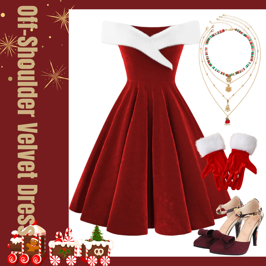 [Pre-Sale] Red 1950s Christmas Off-Shoulder Velvet Dress