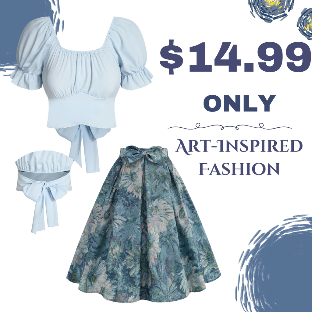 Retro Blue 1950s Lotus Painting Bow Skirt