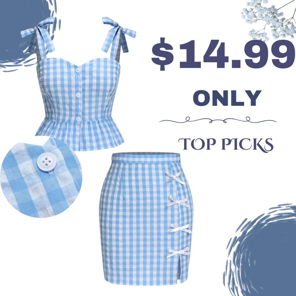 Blue 1960s Straps Plaid Ruffled Hem Tops