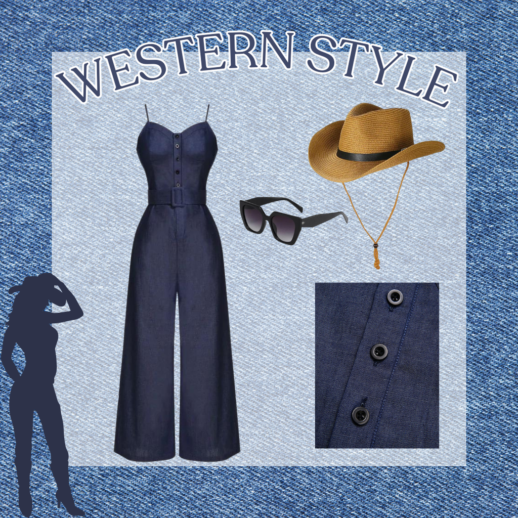 Navy Blue 1930s Cowboy Solid Strap Jumpsuit