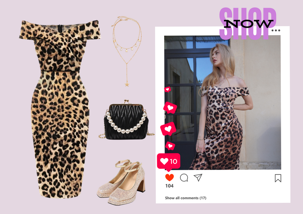 1960s Off-shoulder Leopard Pencil Dress