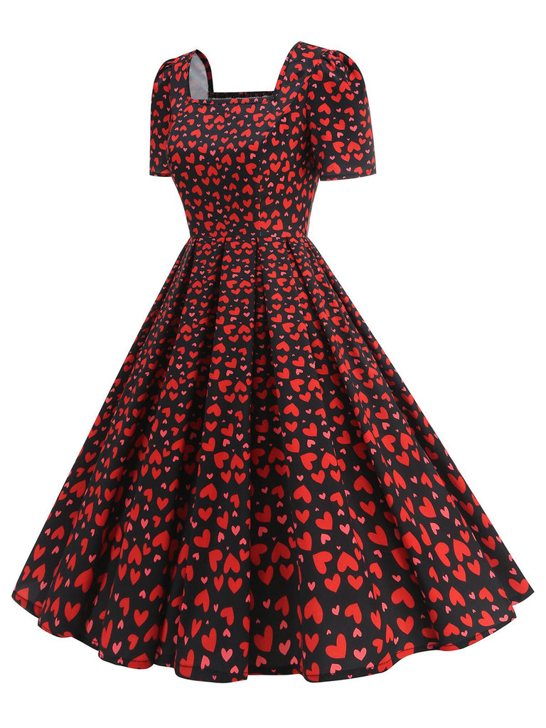 1950s Square Neck Heart Dots Dress