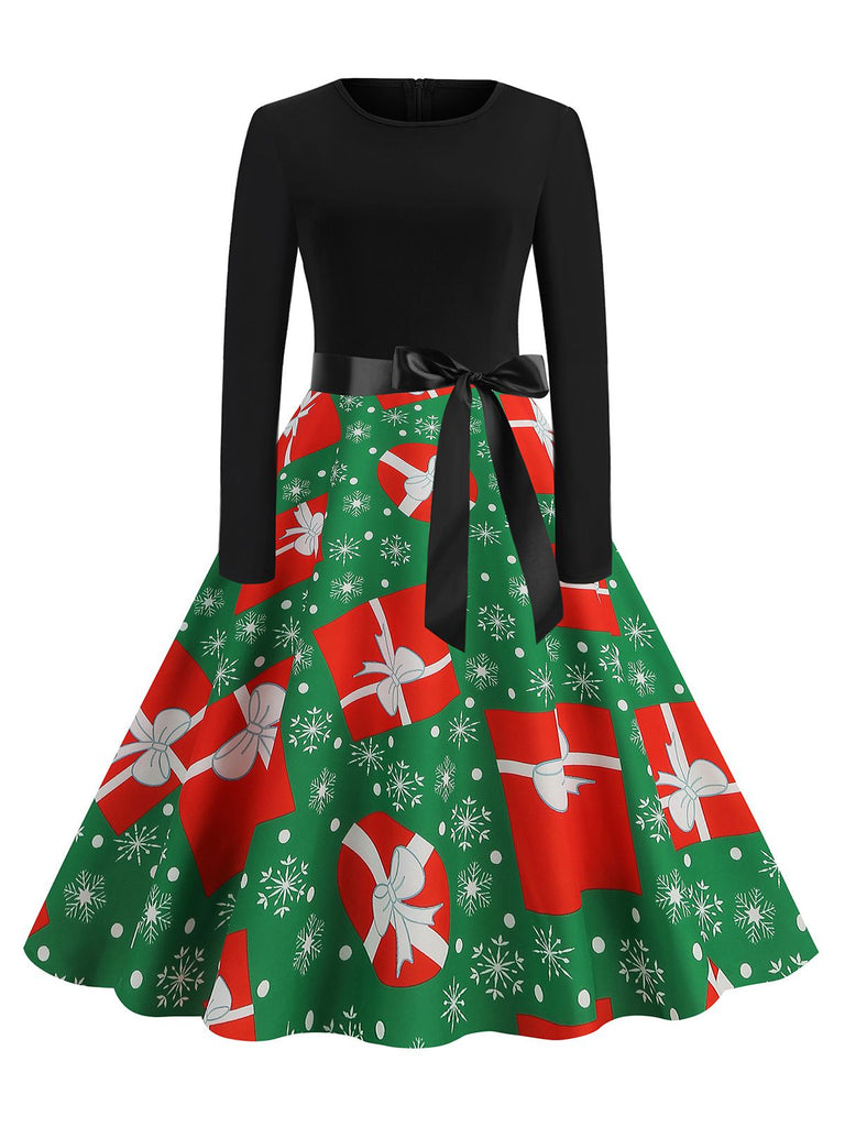 1950s Christmas Patchwork Long Sleeve Dress