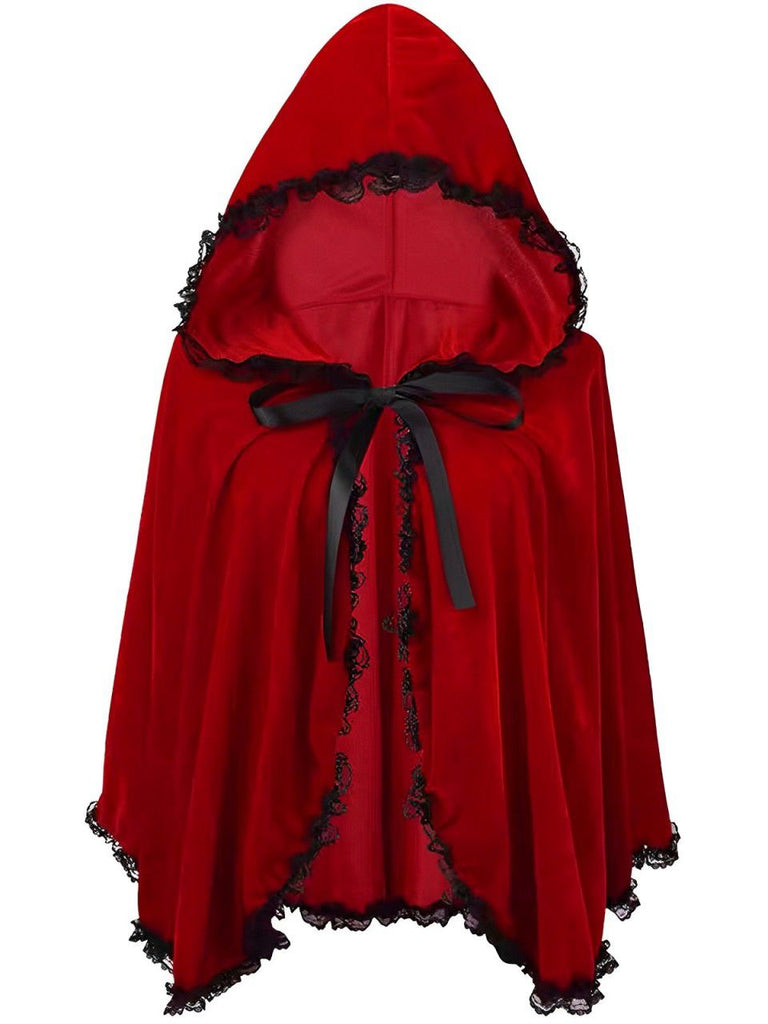 Red 1950s Halloween Lace Trim Velvet Cape