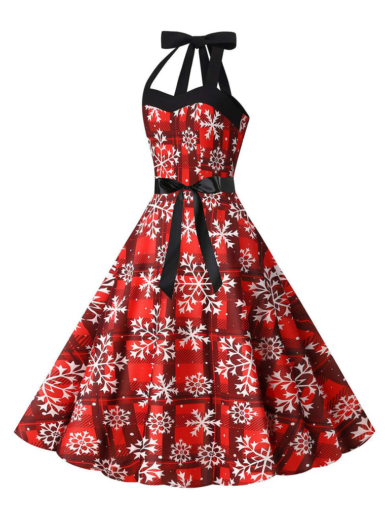 Red 1950s Christmas Snowflake Halter Swing Dress