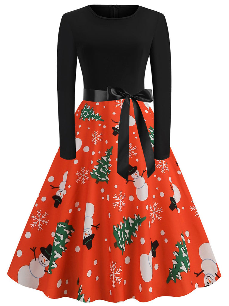 1950s Christmas Crew Neck Patchwork Swing Dress