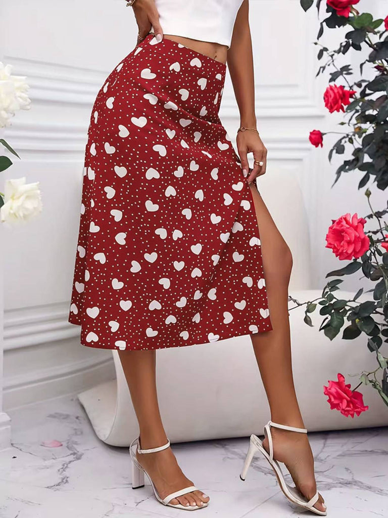 Red 1940s Hearts Polka Dot Slit Skirt