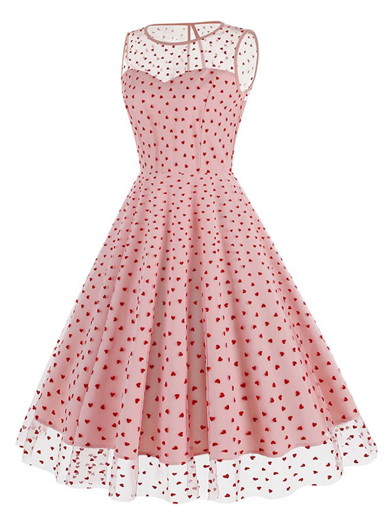 Pink 1950s Flocked Heart Mesh Patchwork Dress