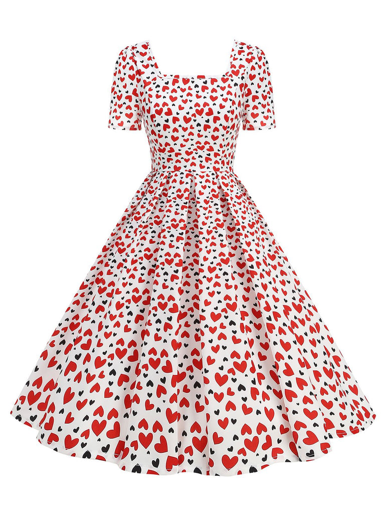 1950s Square Neck Heart Dots Dress