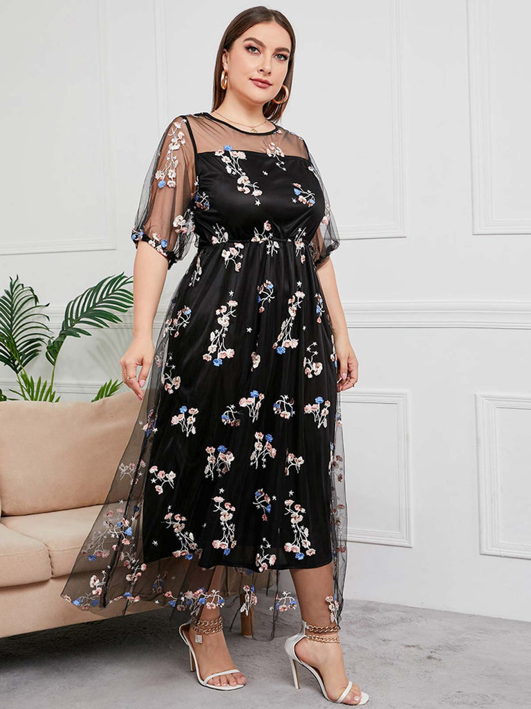 [Plus Size] Black 1930s Floral Embroidery Mesh Dress – Retro Stage ...