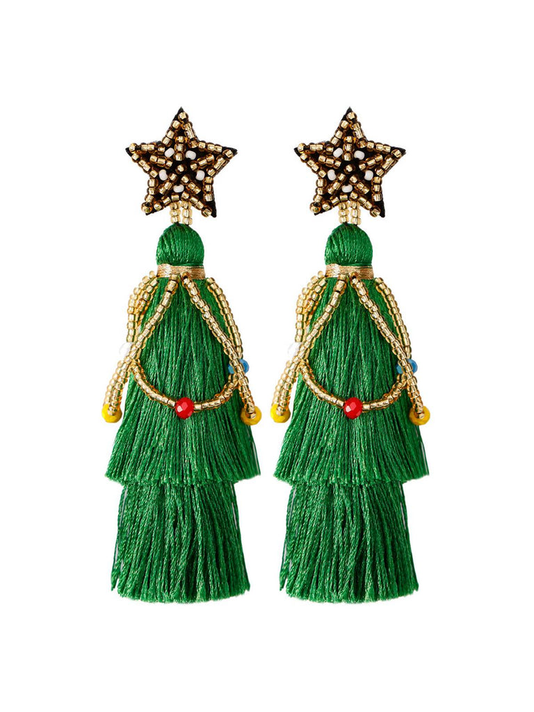 Christmas Tree Tassel Beaded Dangle Earrings