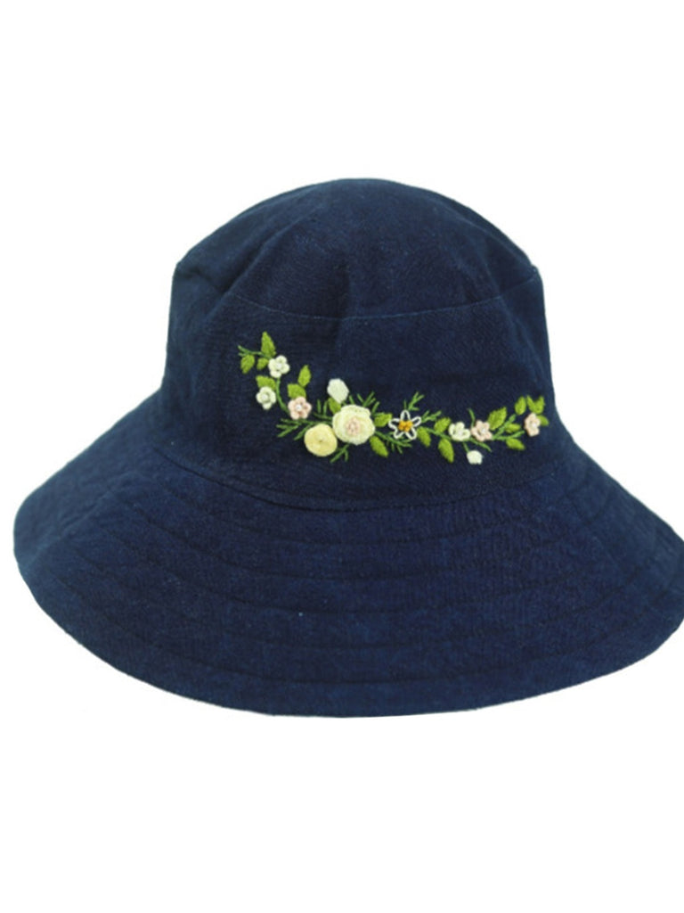 Vintage Blue Hand Embroidered Rose Floral Hat