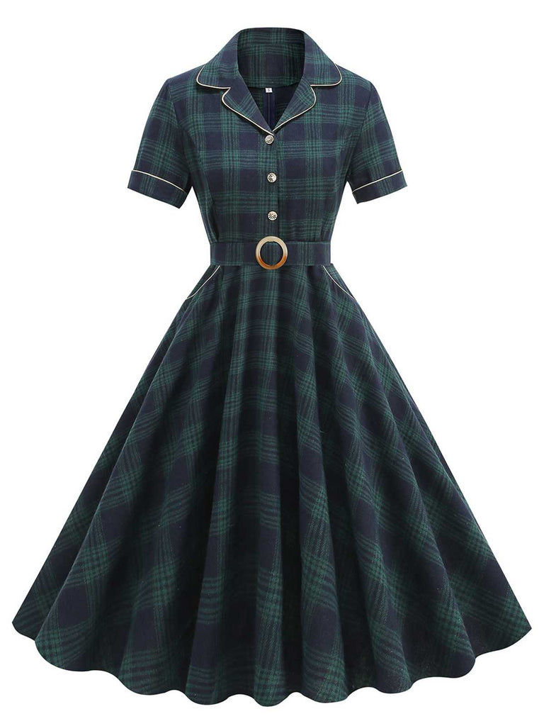 Green 1950s Lapel Plaids Swing Dress