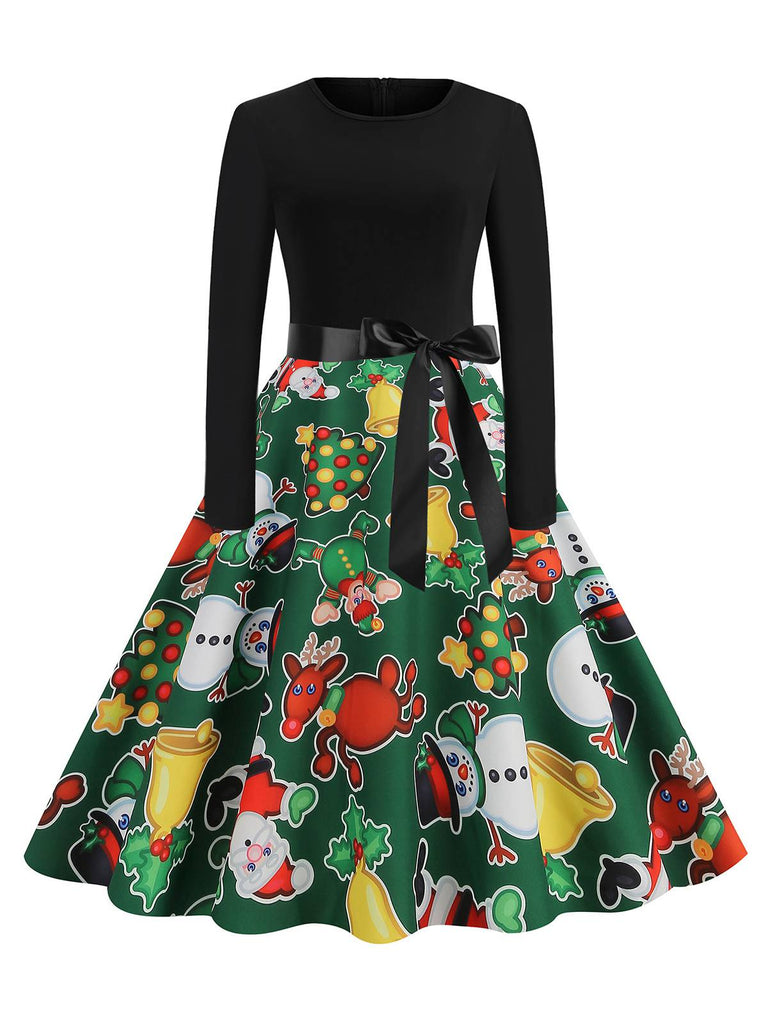 1950s Christmas Patchwork Long Sleeve Dress