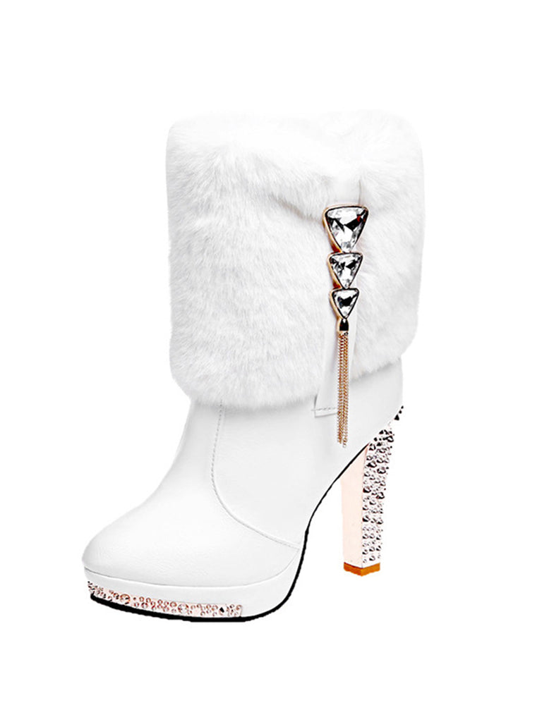 Christmas Fur And Leather Rhinestone Boots