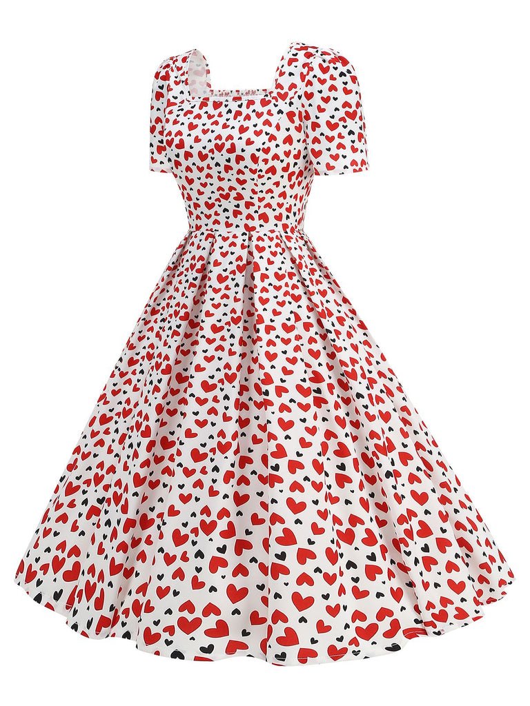 1950s Square Neck Heart Dots Dress