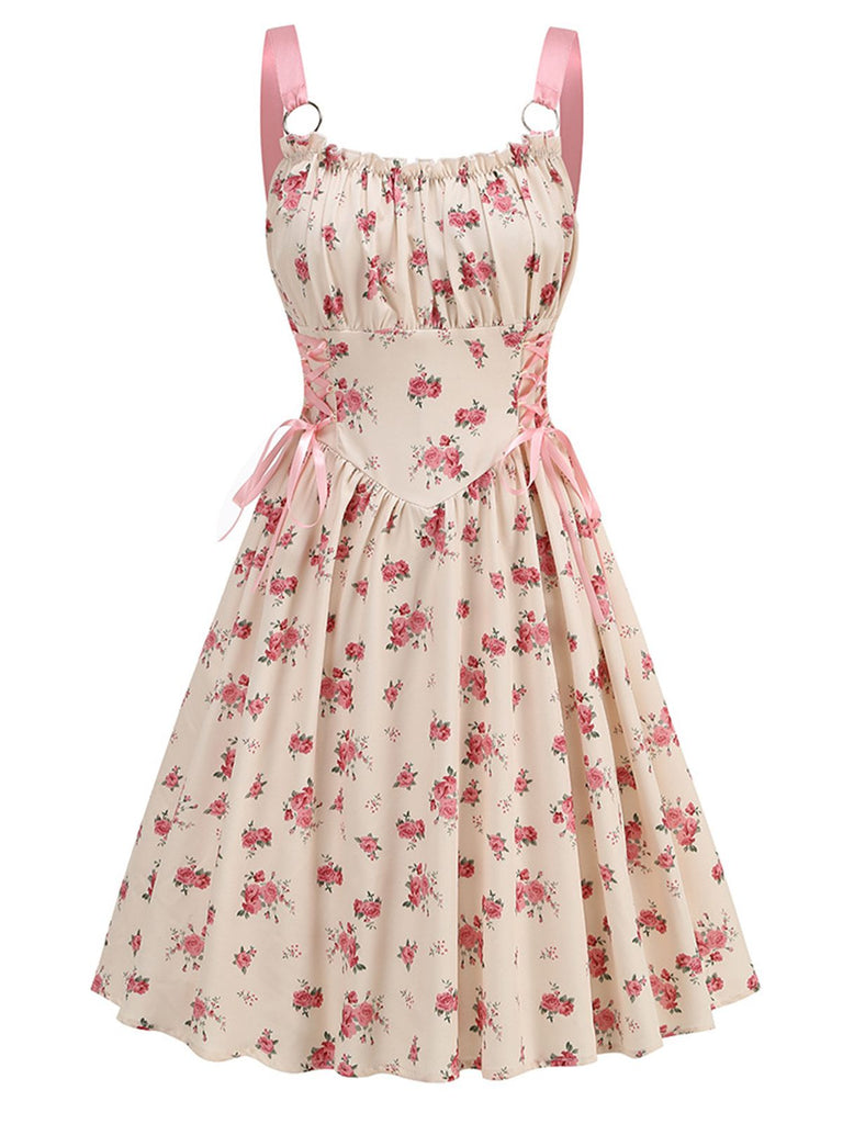 Pink 1950s Strap Ditsy Floral Lace-Up A-Line Dress