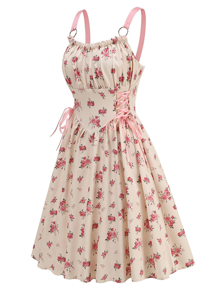 Pink 1950s Strap Ditsy Floral Lace-Up A-Line Dress