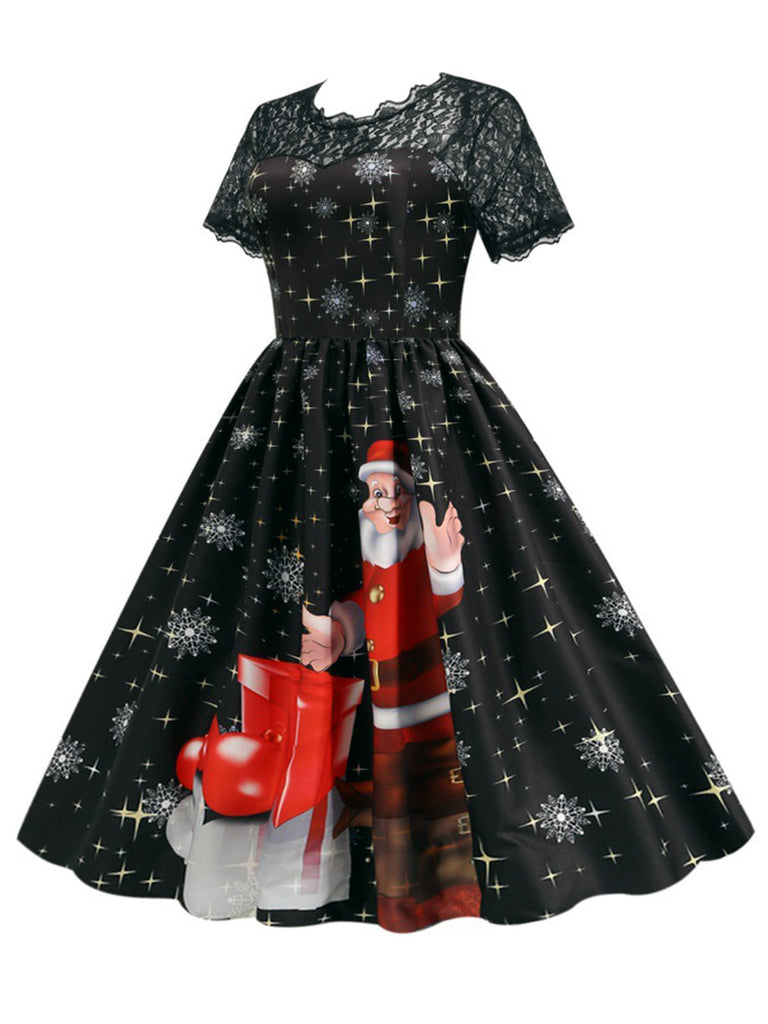 Black 1950s Santa Claus Lace Patchwork Dress