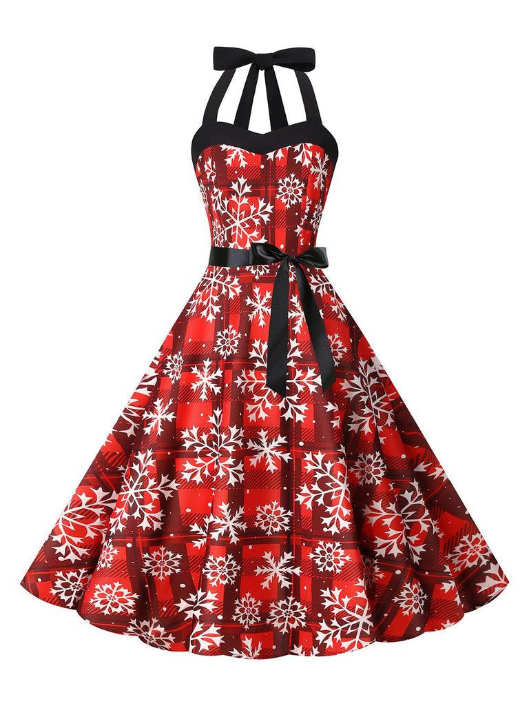 Red 1950s Christmas Snowflake Halter Swing Dress