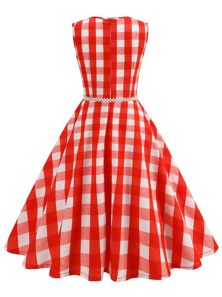 Red 1950s Plaid Sleeveless Swing Dress With Belt