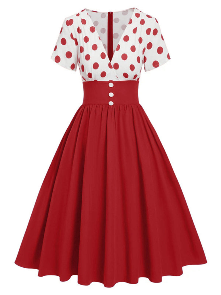 1950s V-Neck Polka Dots Swing Dress