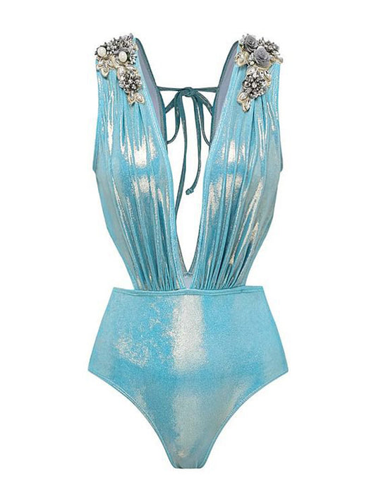 Blue 1930s Beading Shimmery One-Piece Swimsuit