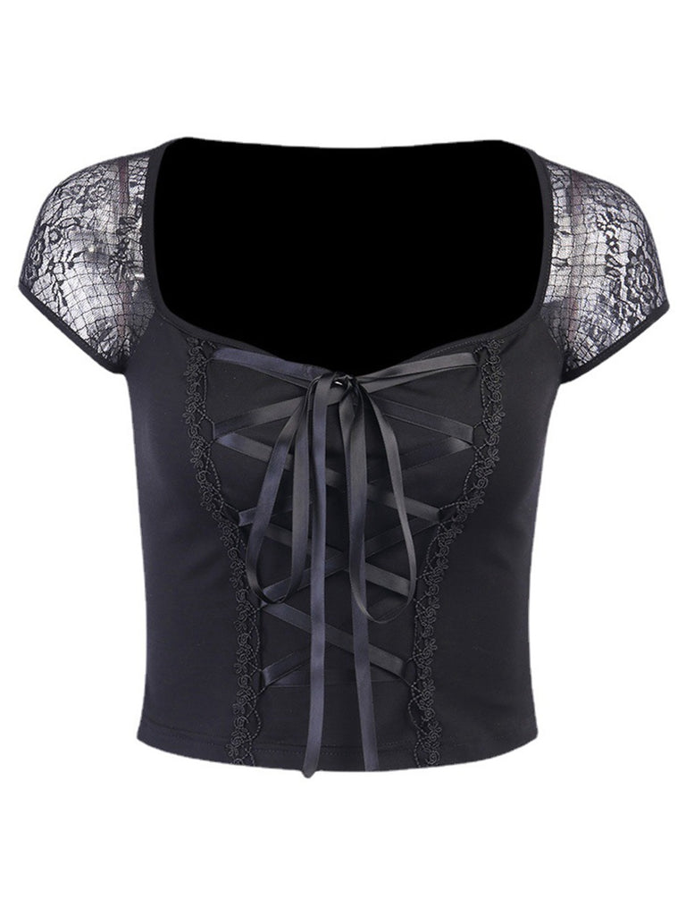 Black 1970s Steampunk Gothic Lace Tie-Front Top