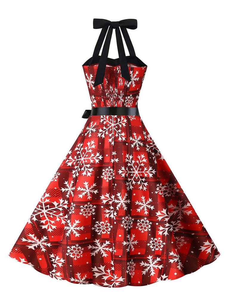 Red 1950s Christmas Snowflake Halter Swing Dress