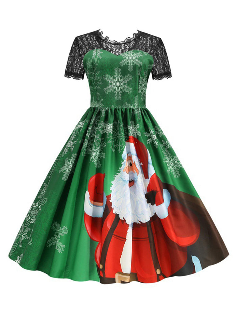 Green 1950s Christmas Santa Claus Lace Patchwork Dress