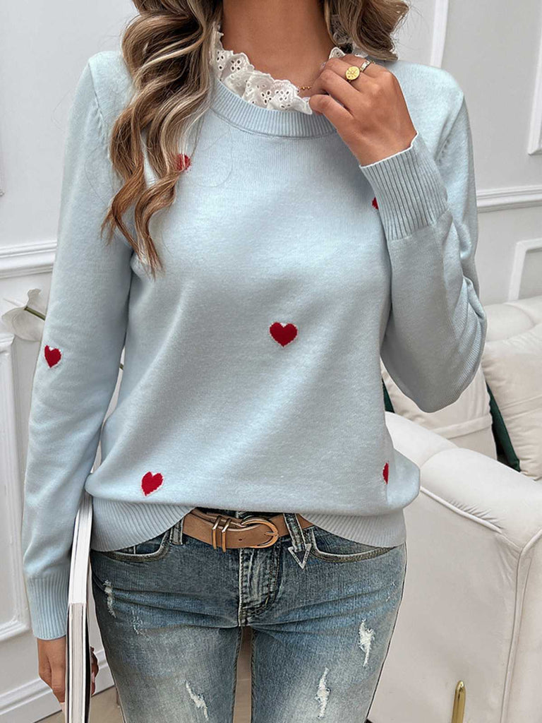 1940s Ruffles Heart Embroidered Sweater