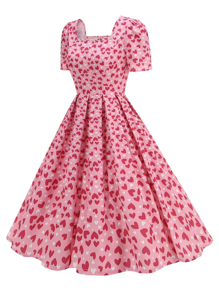 1950s Square Neck Heart Dots Dress