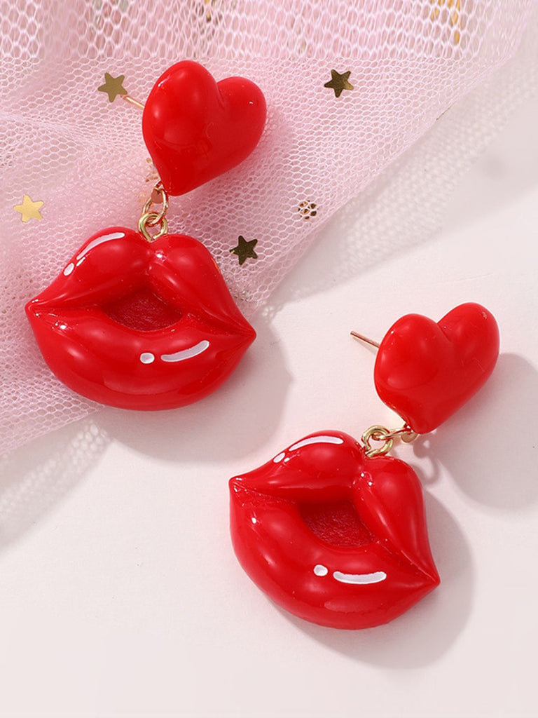 Valentine's Day Red Heart And Lips Drop Earrings