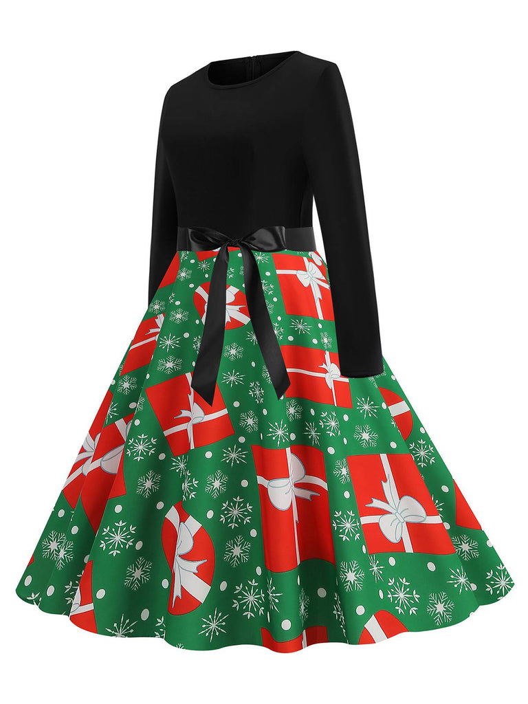 1950s Christmas Patchwork Long Sleeve Dress