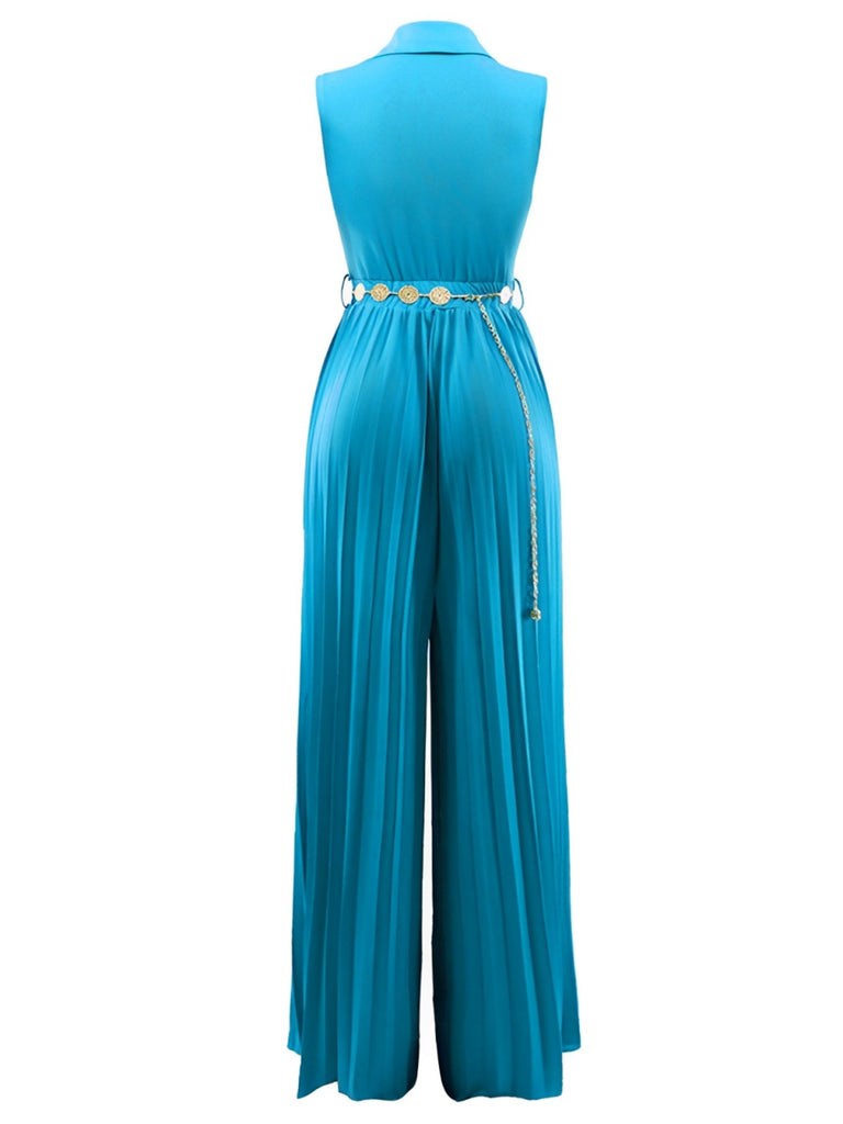 1930s V-Neck Lapel Pleated Wide-Leg Jumpsuit