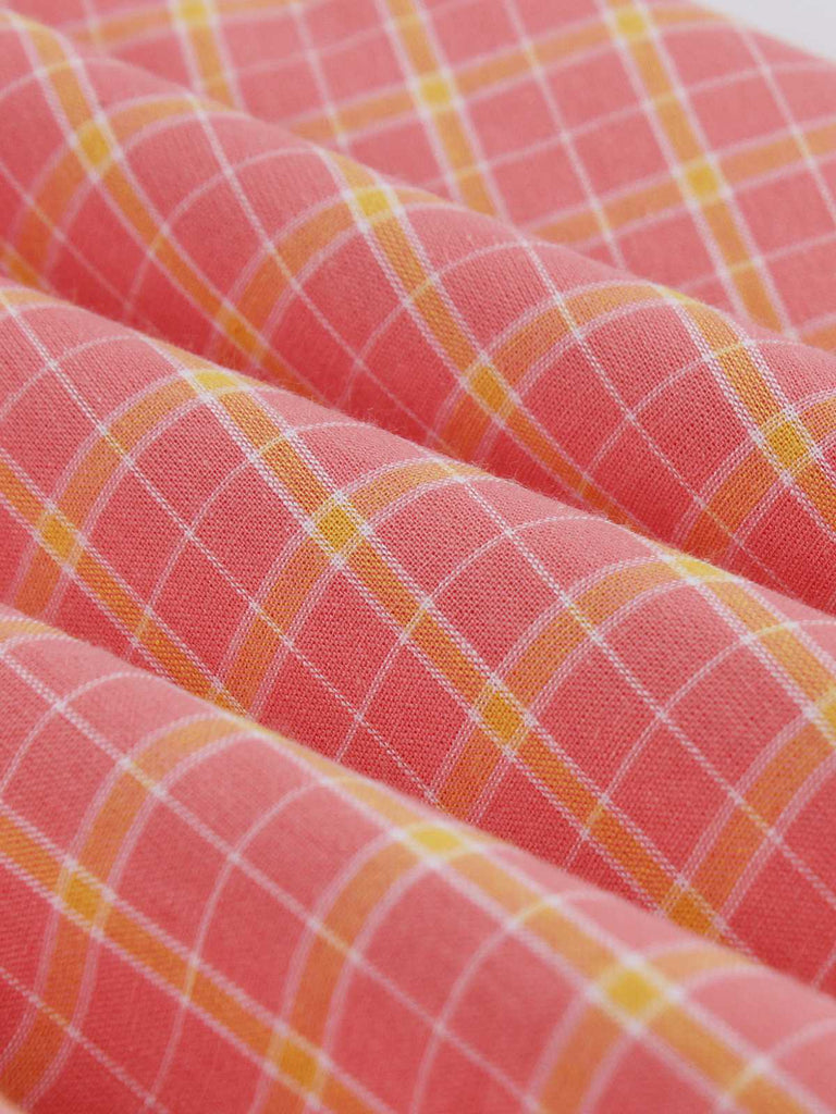 Pink 1950s Plaid Buttoned Lapel Belted Dress