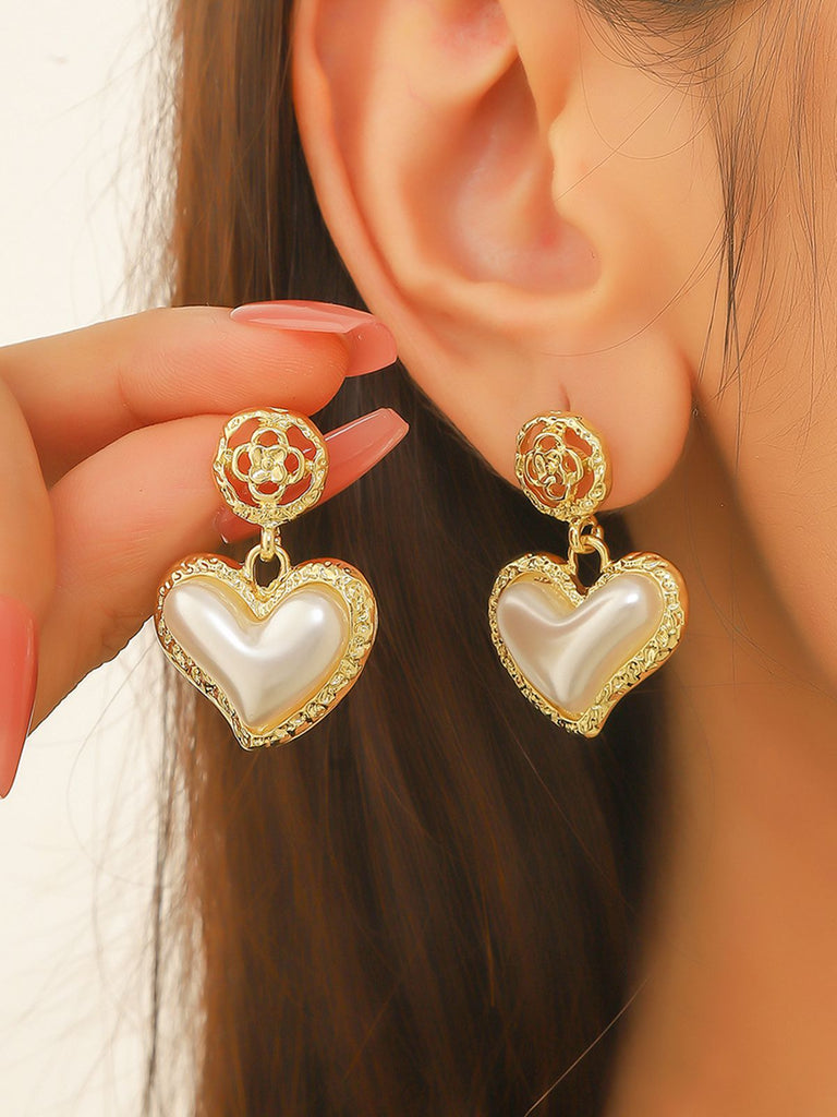 Gold Heart Pearl Drop Earrings