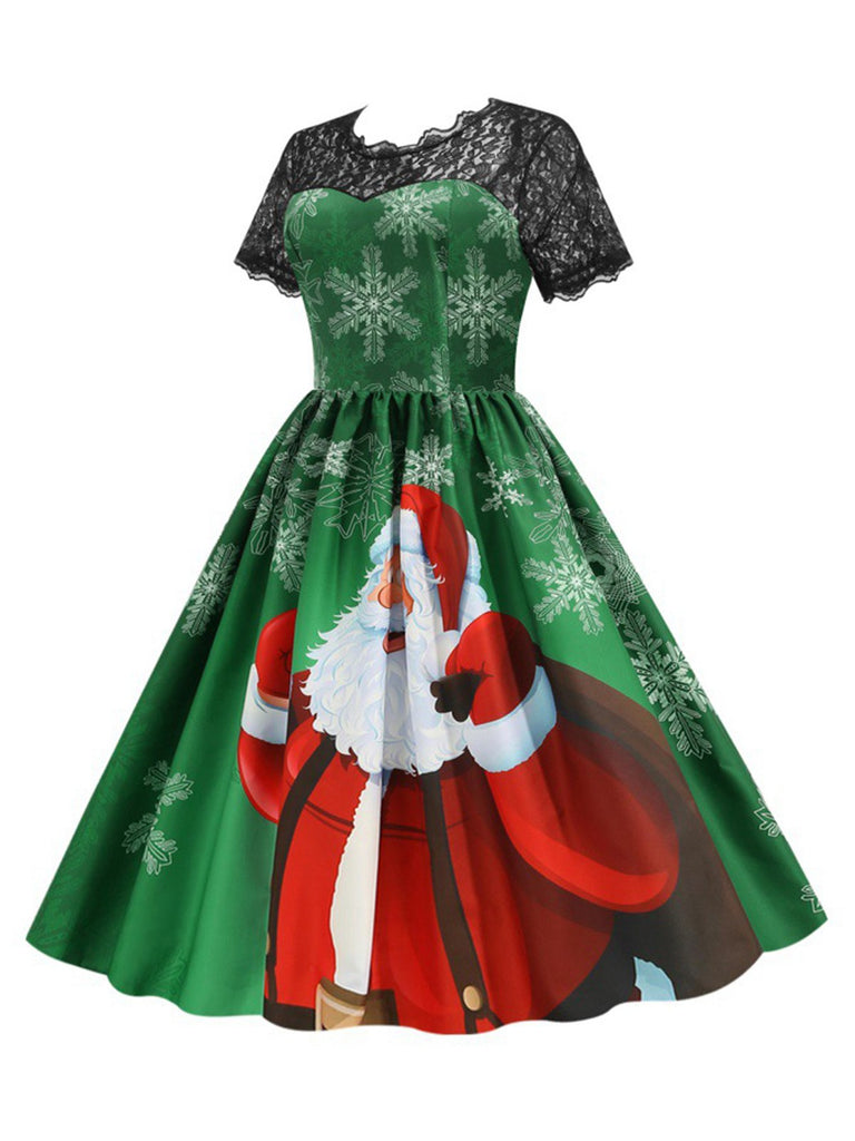 Green 1950s Christmas Santa Claus Lace Patchwork Dress