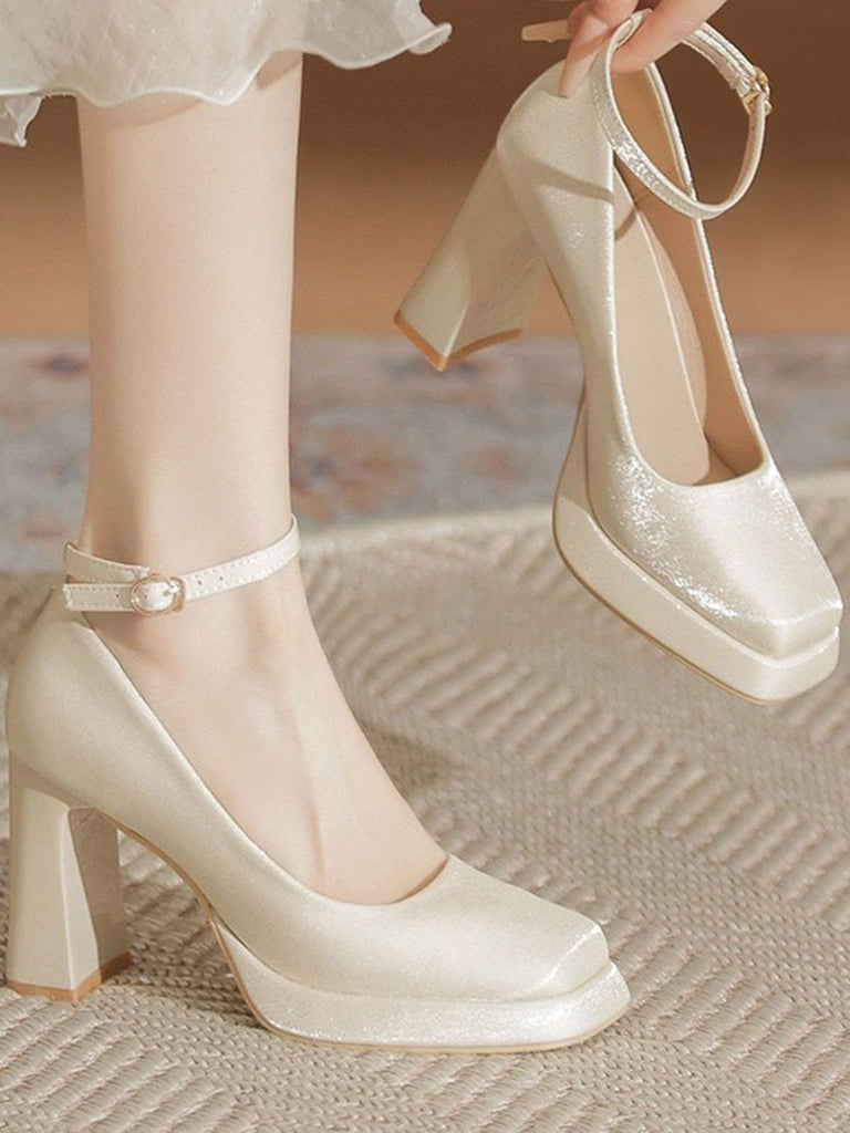 Retro Satin Block Heel Mary Jane Shoes