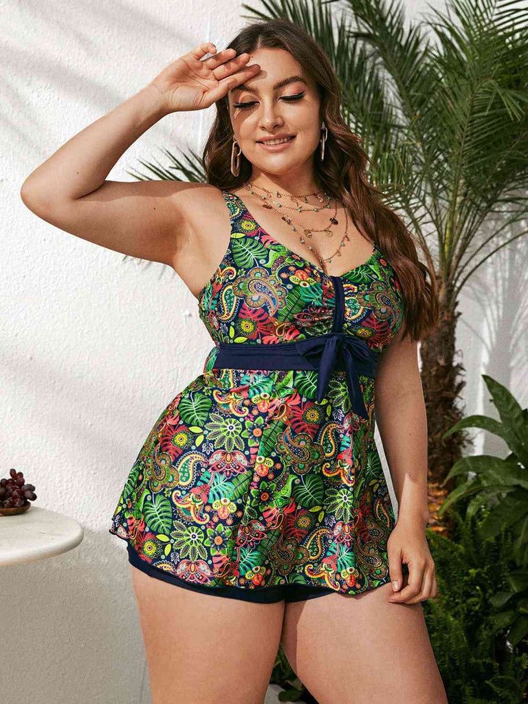 [Plus Size] Green 1960s Hippie Prints Bow Tankini